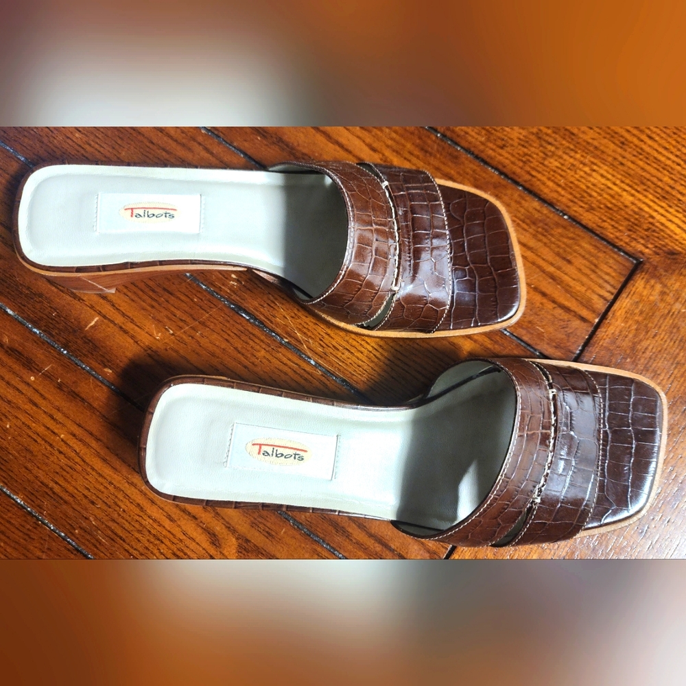 Talbots Leather Slides Shoes Brown Crocodile